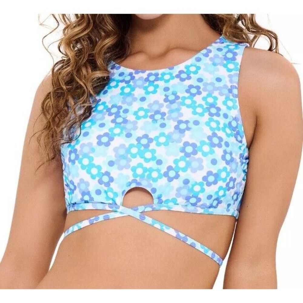 Ninety-Nine Swim Top Woman's 1X Blue Floral High Neck Wrap Cropped Beach Junior